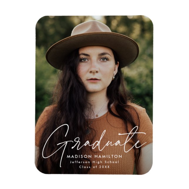 Modern Graduate White Script Photo Graduation Magnet (Vertical)