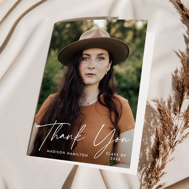 Modern Graduate White Script Photo Graduation Thank You Card (Creator Uploaded)