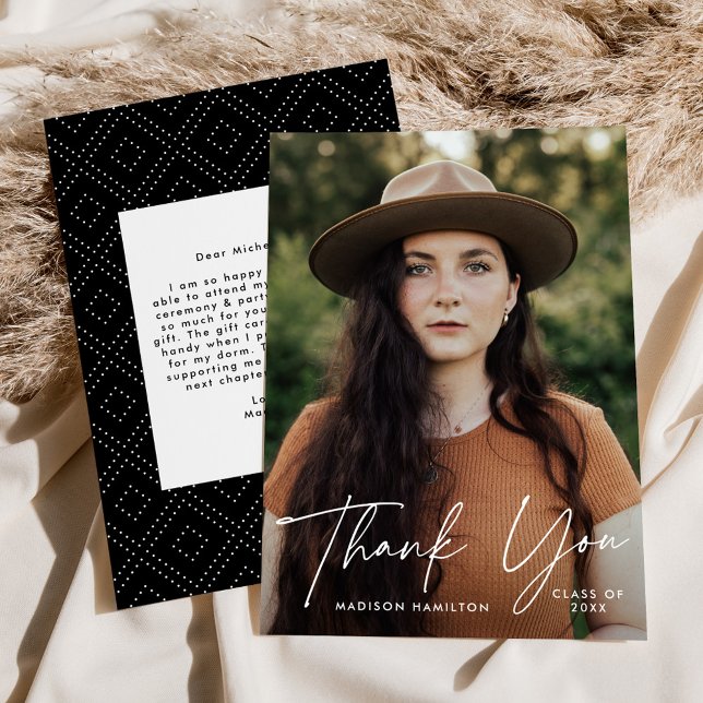 Modern Graduate White Script Photo Graduation Thank You Card (Creator Uploaded)