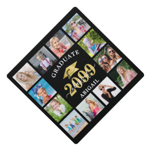 Modern Graduation 12 Photo Collage Faux Gold Foil Cap Topper