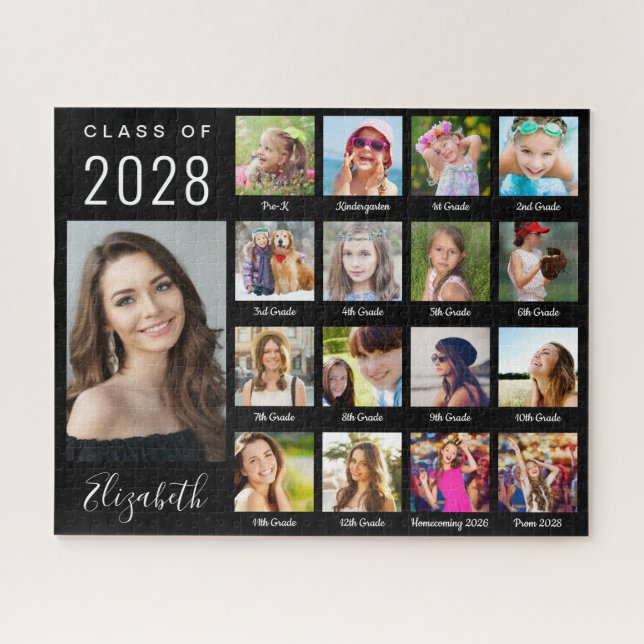 Modern Graduation 17 Photo Collage Script Black Jigsaw Puzzle (Horizontal)
