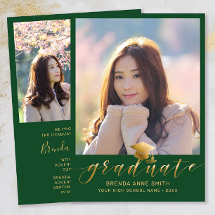 Modern Graduation 2 Photo Gold Script Cap Green Announcement