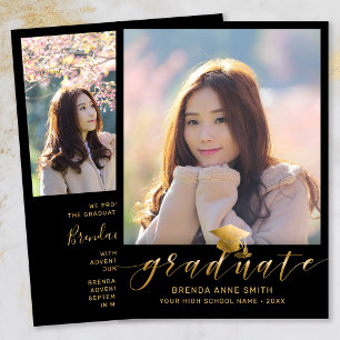 Modern Graduation 2 Photo Gold Script Cap on Black Announcement