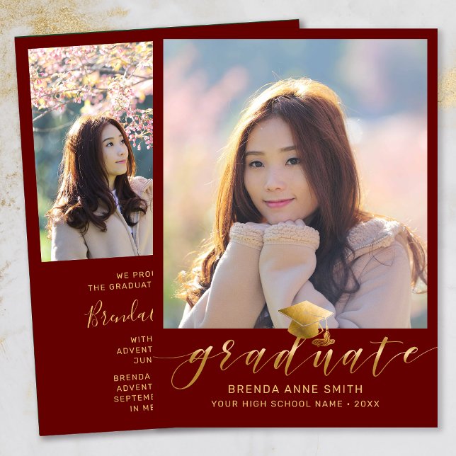 Modern Graduation 2 Photo Gold Script Cap on Red Announcement (Modern Two Photo Gold Script on Maroon Graduation Announcement)