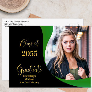 Modern Graduation Black/Green Wave Photo Announcement Postcard