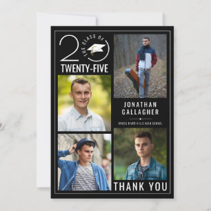 Modern Graduation Black White 5 Photo Collage Thank You Card