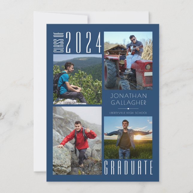 Modern Graduation Blue Four Photo Announcement (Front)