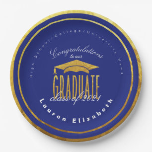 Modern Graduation Blue Gold Faux Foil Paper Plate