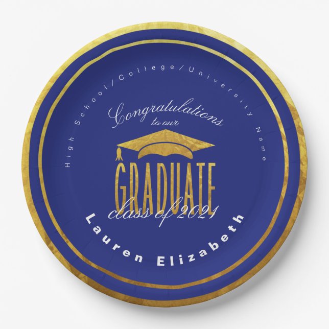 Modern Graduation Blue Gold Faux Foil Paper Plate (Front)