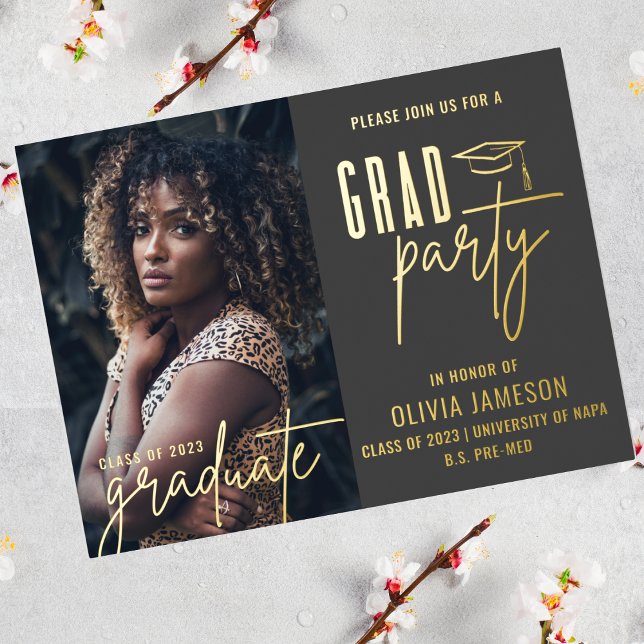 Modern Graduation Calligraphy Script | Photo Party Foil Invitation Postcard (Creator Uploaded)