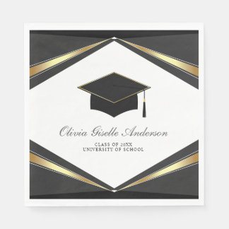 Modern Graduation Cap Black & Gold Party Napkin