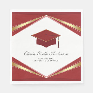 Modern Graduation Cap Red & Gold Party Napkin
