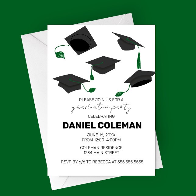 Modern Graduation Cap Toss Graduation Party Invitation (Green Tassel Hat Toss Graduation Party invitation)