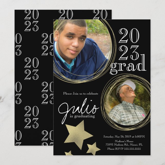 Modern Graduation Celebration Black Gold Photo Invitation (Front/Back)