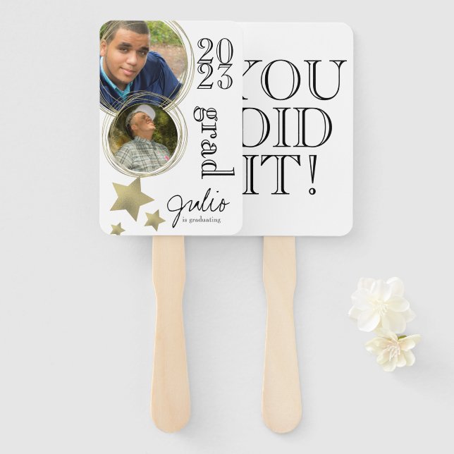 Modern Graduation Celebration  Gold Photo White Hand Fan (Front and Back)