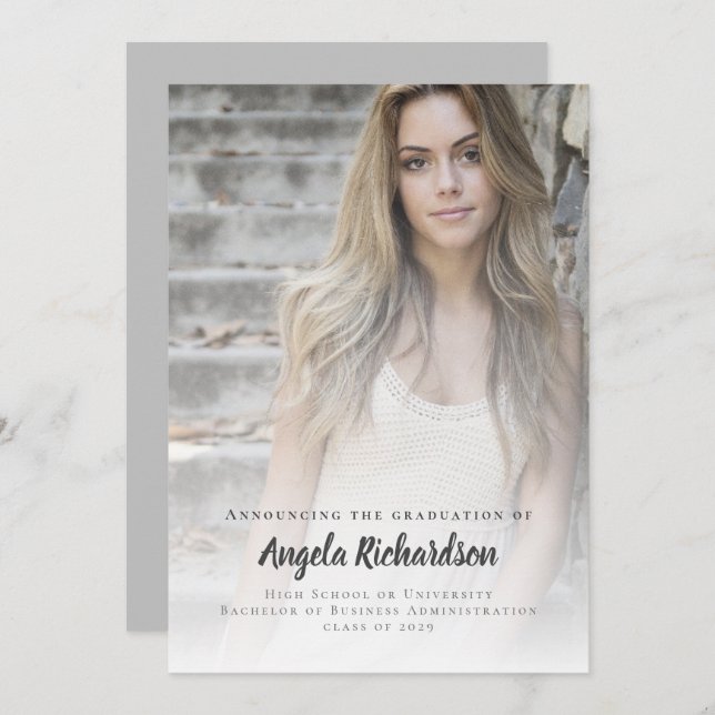 Modern Graduation Charcoal Script Photo Announcement (Front/Back)