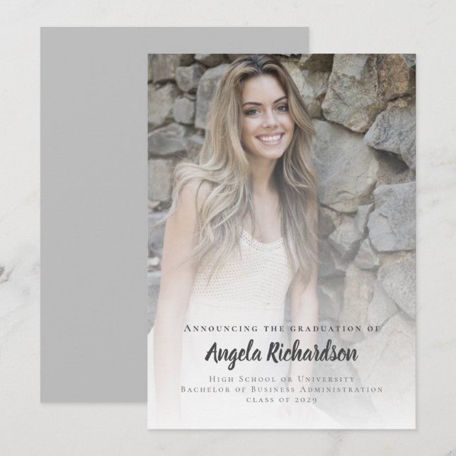 Modern Graduation Charcoal Script Typography Photo Announcement (Front/Back)