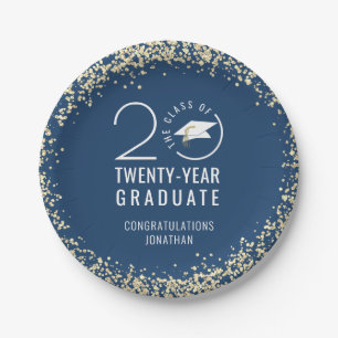 Modern Graduation Class Year Blue Gold Confetti Paper Plate