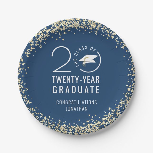 Modern Graduation Class Year Blue Gold Confetti  Paper Plate (Front)