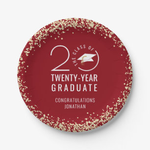 Modern Graduation Class Year Red Gold Confetti Paper Plate