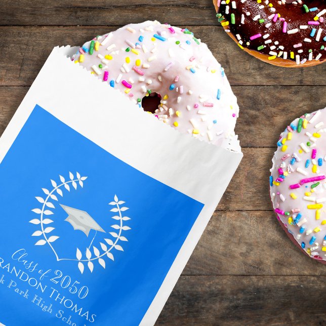 Modern Graduation Classic Mortarboard Azure Blue Favour Bag (Classic blue graduation party favor bag with simple typography for candy and dessert treats.)