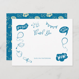 Modern Graduation Doodle Blue Thank You Card