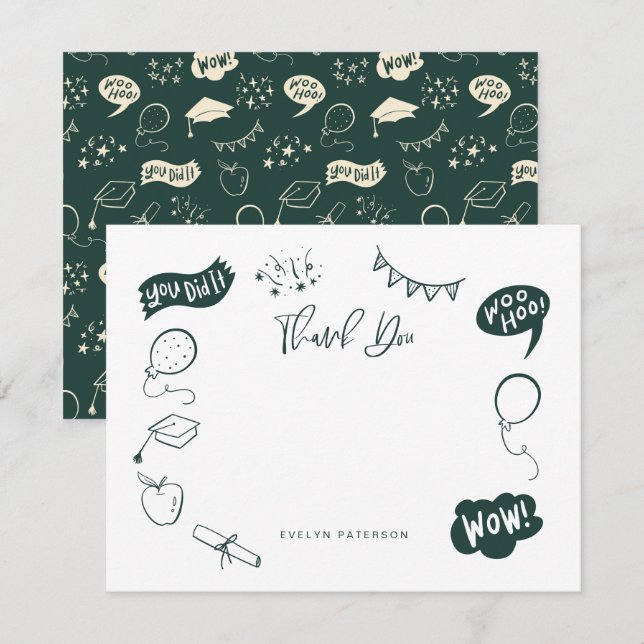Modern Graduation Doodle Green Thank You Card (Front/Back)