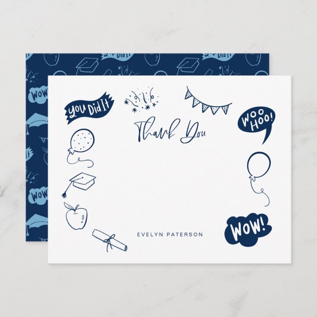 Modern Graduation Doodle Navy Blue Thank You Card (Front/Back)