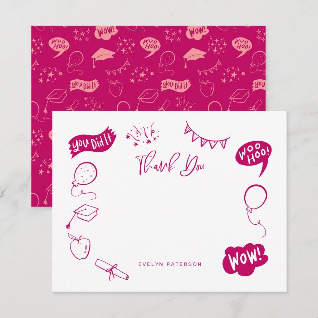 Modern Graduation Doodle Pink Thank You Card (Front/Back)