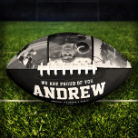 Modern Graduation Gift Cool Photo Collage Trendy Football<br><div class="desc">Perfect for the coolest grad you love: A customized football with 3 favourite photos in trendy black and white, his name, and a sweet message from you as well as names and year. Great graduation gift or an awesome surprise for his birthday, surely a keepsake he'll love for years to...</div>