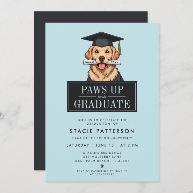 Modern Graduation Golden Retriever with Grad Hat Invitation (Front/Back)