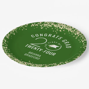 Modern Graduation Green Faux Gold Glitter Paper Plate