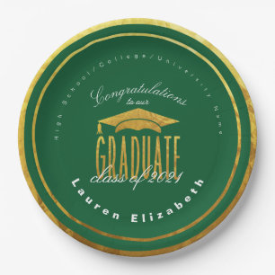 Modern Graduation Green Gold Faux Foil Paper Plate