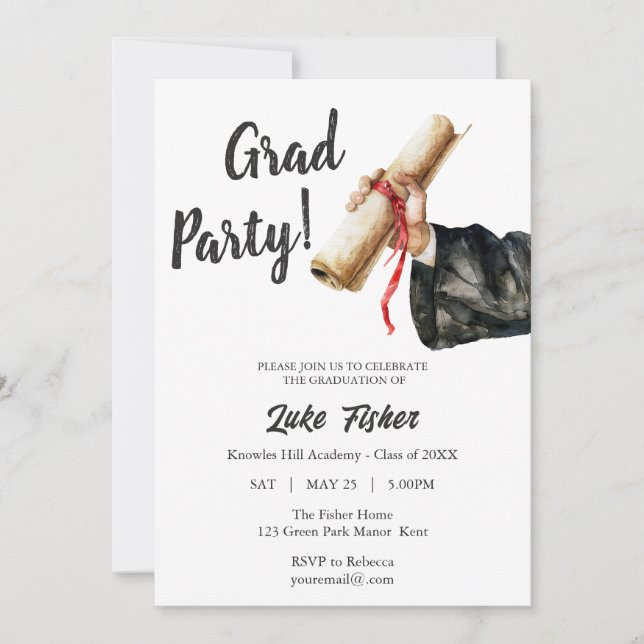Modern Graduation Invitation Man Black & White (Front)