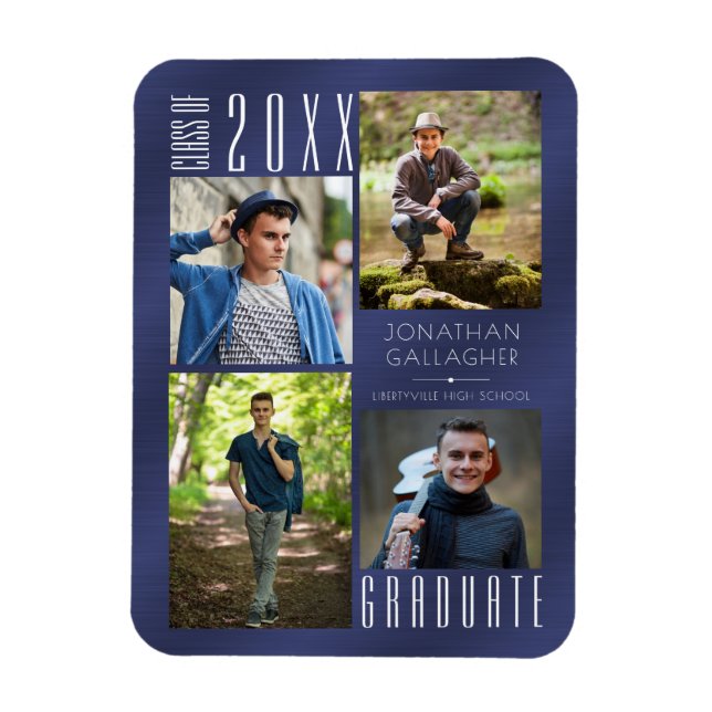 Modern Graduation Metallic Navy Blue Photo Magnet (Vertical)