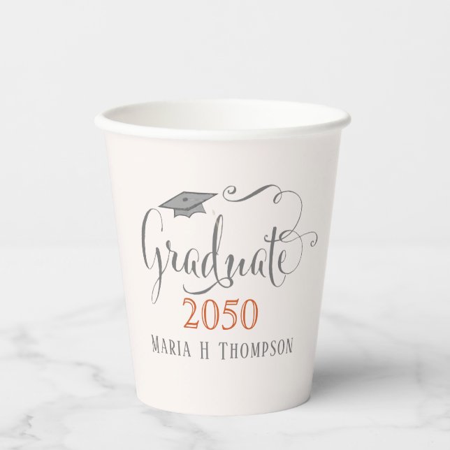 Modern Graduation Minimalist Class of Orange Paper Cups (Front)