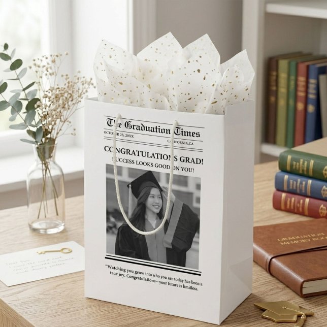 Modern Graduation Newspaper congratulation Medium Gift Bag (Creator Uploaded)