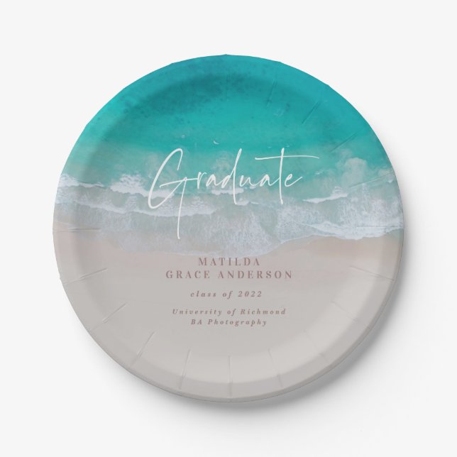 Modern graduation ocean beach script modern paper plate (Front)