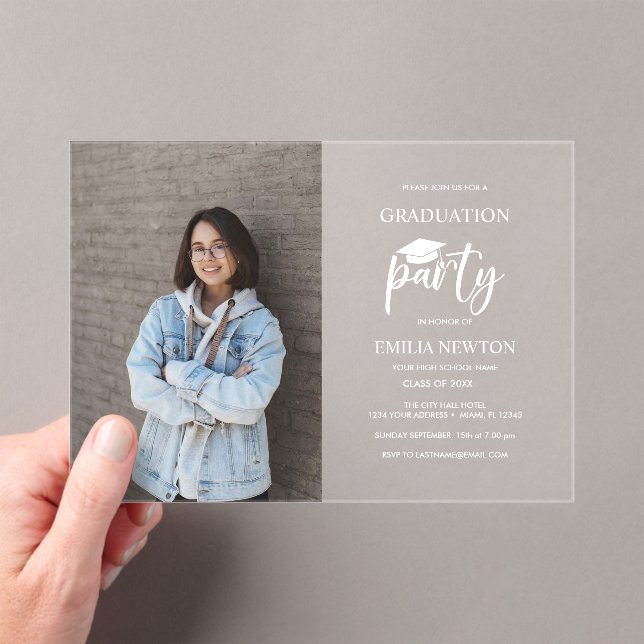 MODERN GRADUATION PARTY CAP PHOTO ACRYLIC INVITATIONS (Insitu (Handheld))