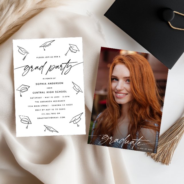 Modern Graduation Party Hand Drawn Doodle Photo Invitation (Creator Uploaded)