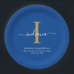 Modern Graduation Party Monogram Blue Minimalist Paper Plate<br><div class="desc">Graduation 2026 Monogram Script Initial Name Grad Party Blue paper plates. Edit and customize with your own name, initial, school name and class by clicking the "Personalize" button.</div>