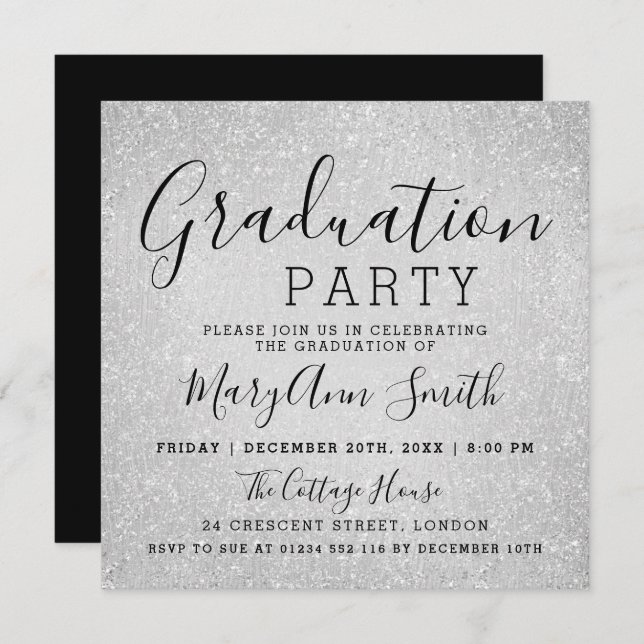 Modern Graduation Party Silver Glitter Paint Invitation (Front/Back)
