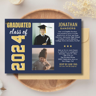 Modern Graduation Party with 2 Photos in Blue Invitation