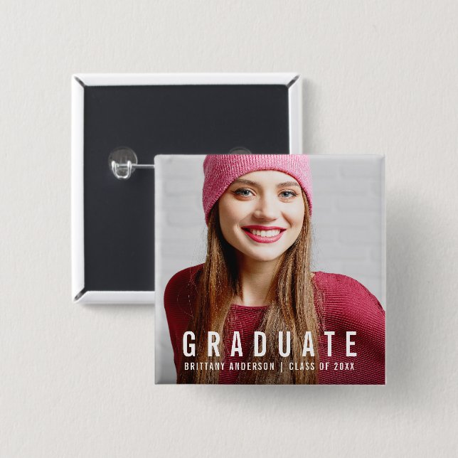 Modern Graduation Photo Announcement 2 Inch Square Button (Front & Back)