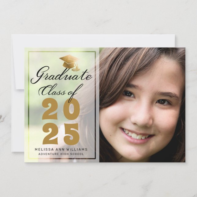 Modern Graduation Photo Black Gold Script 2025 Announcement (Front)