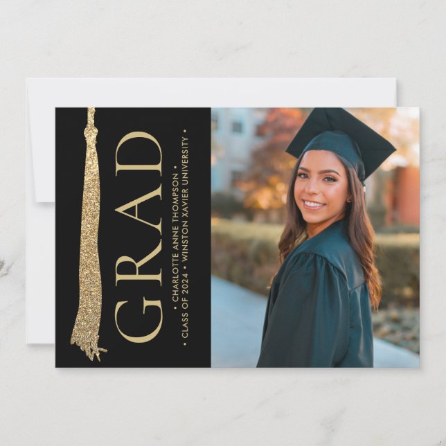 Modern Graduation Photo Gold Black Grad Tassel Invitation (Front)