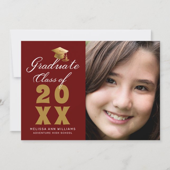 Modern Graduation Photo Maroon Gold Script 2025 Announcement (Front)
