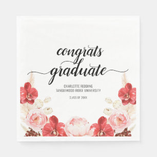 Modern Graduation Pink Red Floral Script Napkin