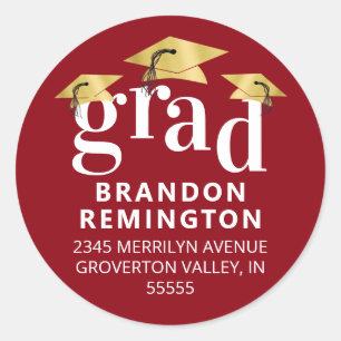 Modern Graduation Red Gold Cap Return Address Classic Round Sticker