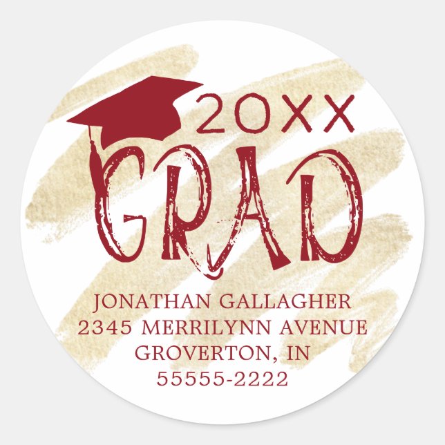 Modern Graduation Red GRAD Return Address Classic Round Sticker (Front)
